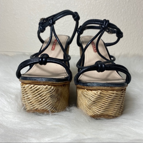 Prada Knotted Leather Wicker Platform Wedge Heels - Picture 8 of 14